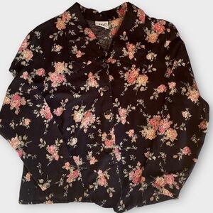 Vintage Maggie Lawrence Black Pink Rose Floral Collared Button Down Blouse